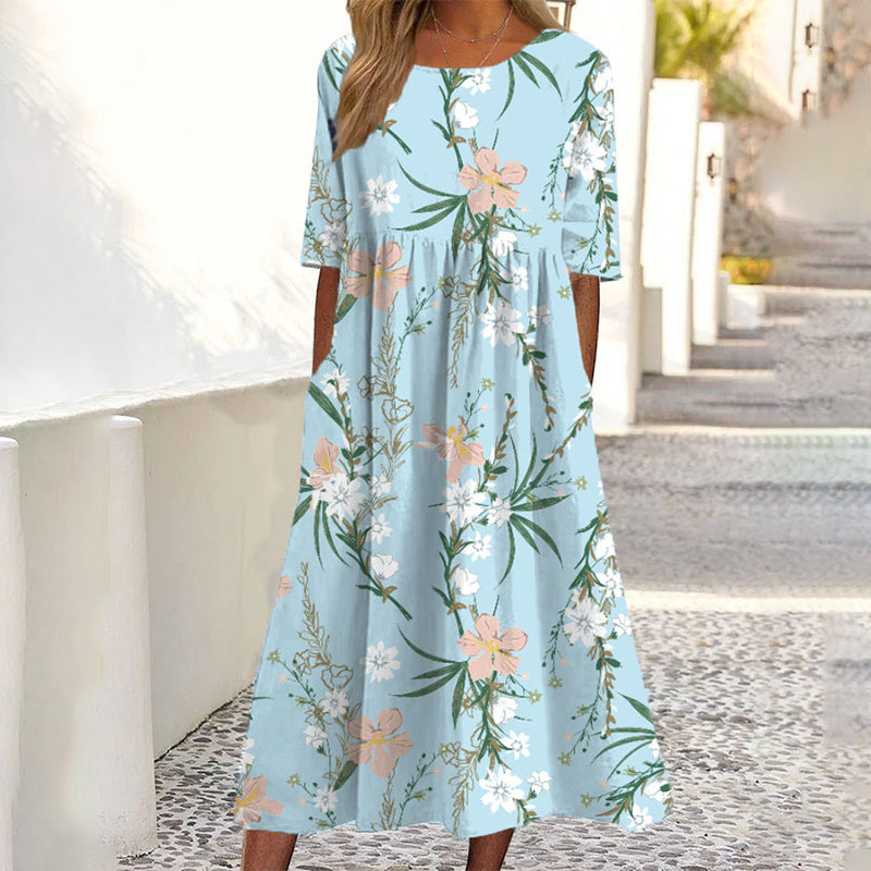 ✨👗 Vestido feminino de manga curta com estampado e bolsos