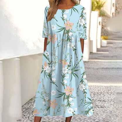 ✨👗 Vestido feminino de manga curta com estampado e bolsos