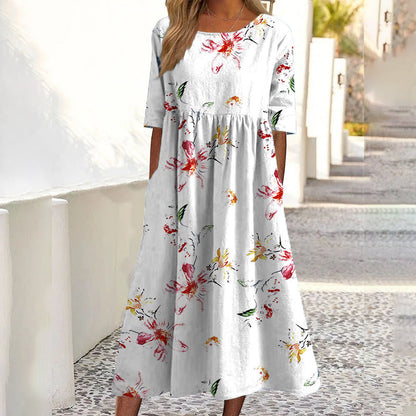 ✨👗 Vestido feminino de manga curta com estampado e bolsos