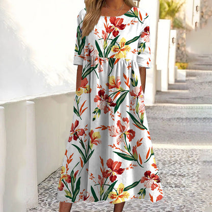 ✨👗 Vestido feminino de manga curta com estampado e bolsos