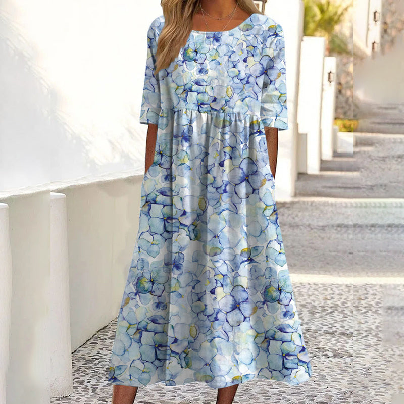 ✨👗 Vestido feminino de manga curta com estampado e bolsos