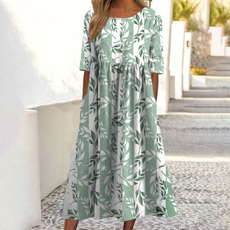 ✨👗 Vestido feminino de manga curta com estampado e bolsos