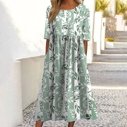 ✨👗 Vestido feminino de manga curta com estampado e bolsos