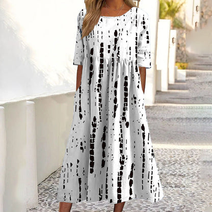 ✨👗 Vestido feminino de manga curta com estampado e bolsos