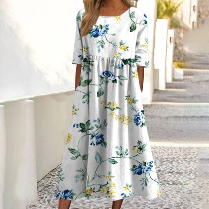 ✨👗 Vestido feminino de manga curta com estampado e bolsos