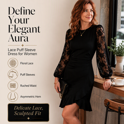 ✨👗Vestido justo com franzidos e mangas bufantes em renda para mulher