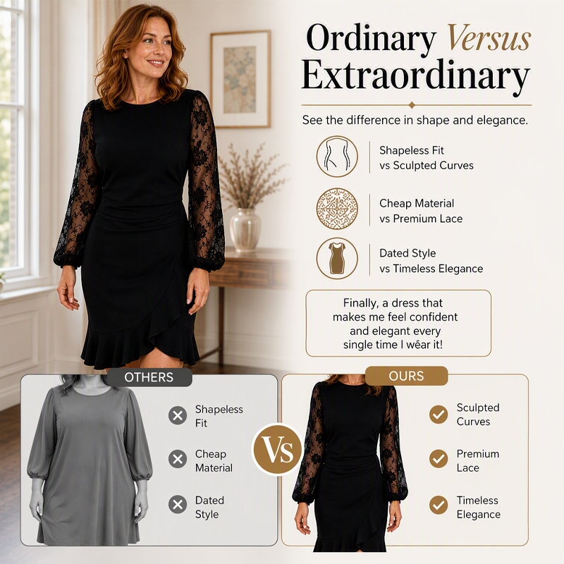 ✨👗Vestido justo com franzidos e mangas bufantes em renda para mulher