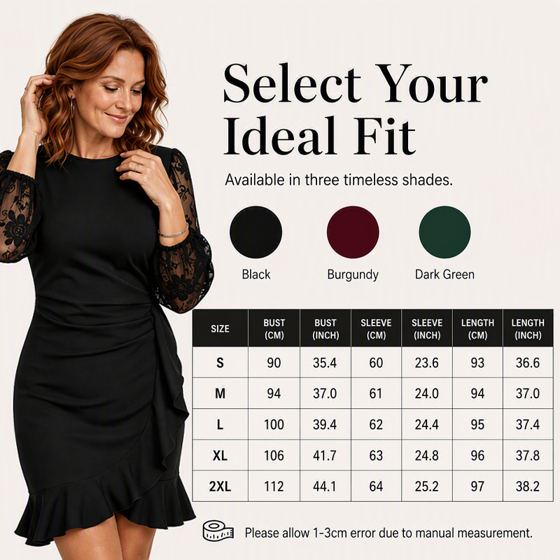 ✨👗Vestido justo com franzidos e mangas bufantes em renda para mulher