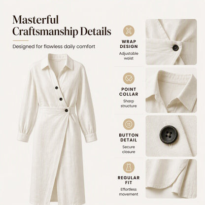 ✨👗Vestido-camisa midi feminino com lapela cruzada e bolsos
