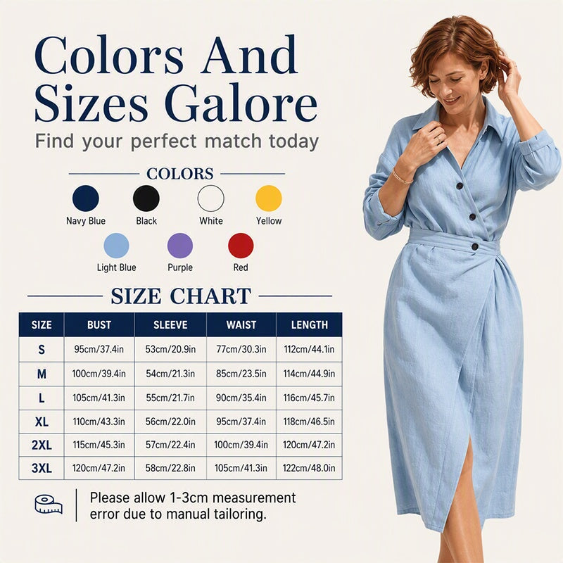 ✨👗Vestido-camisa midi feminino com lapela cruzada e bolsos
