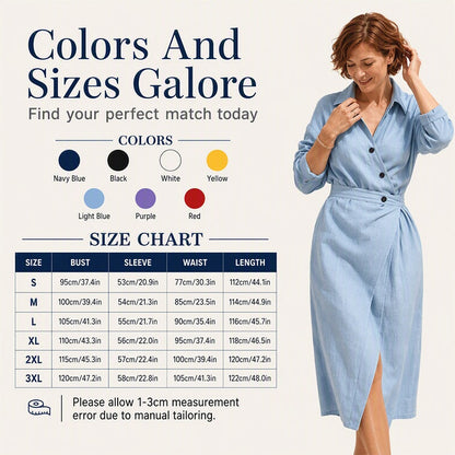 ✨👗Vestido-camisa midi feminino com lapela cruzada e bolsos