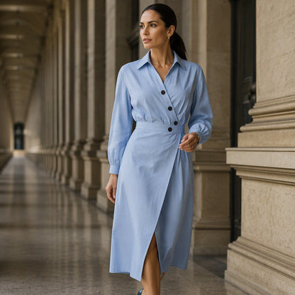 ✨👗Vestido-camisa midi feminino com lapela cruzada e bolsos