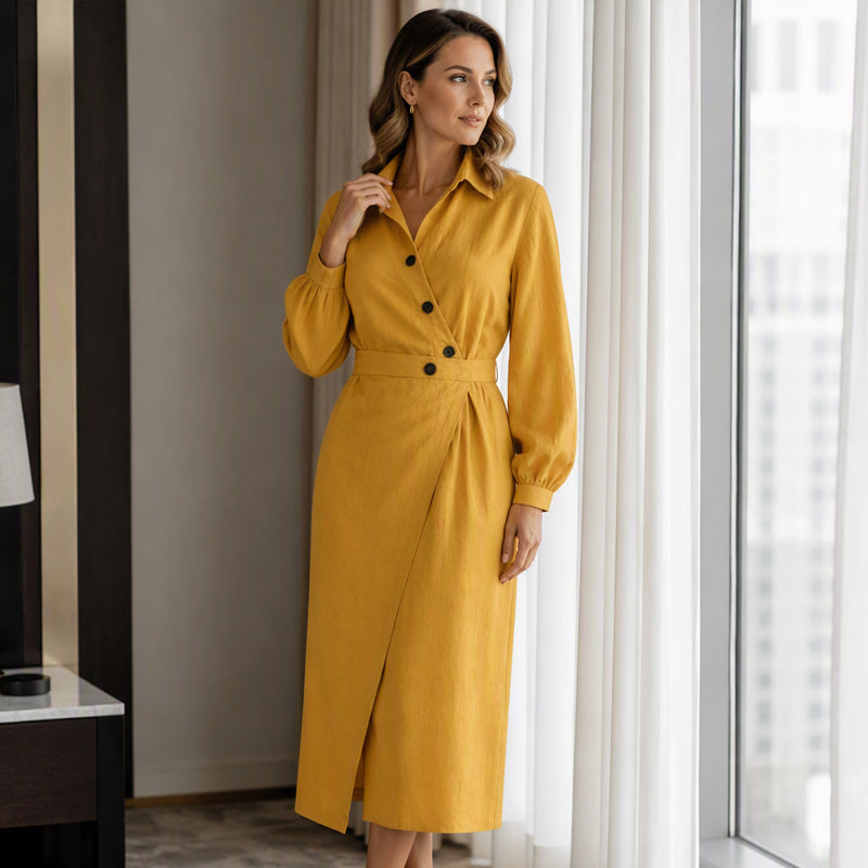 ✨👗Vestido-camisa midi feminino com lapela cruzada e bolsos