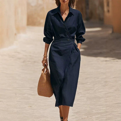 ✨👗Vestido-camisa midi feminino com lapela cruzada e bolsos