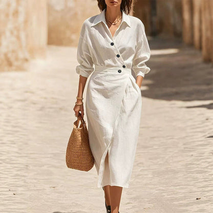 ✨👗Vestido-camisa midi feminino com lapela cruzada e bolsos