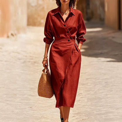 ✨👗Vestido-camisa midi feminino com lapela cruzada e bolsos