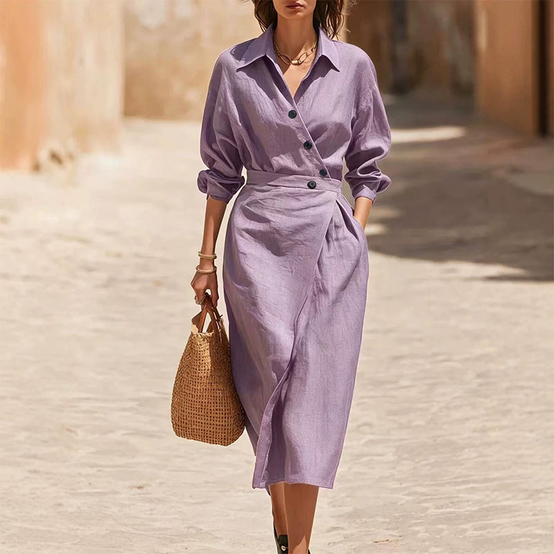 ✨👗Vestido-camisa midi feminino com lapela cruzada e bolsos