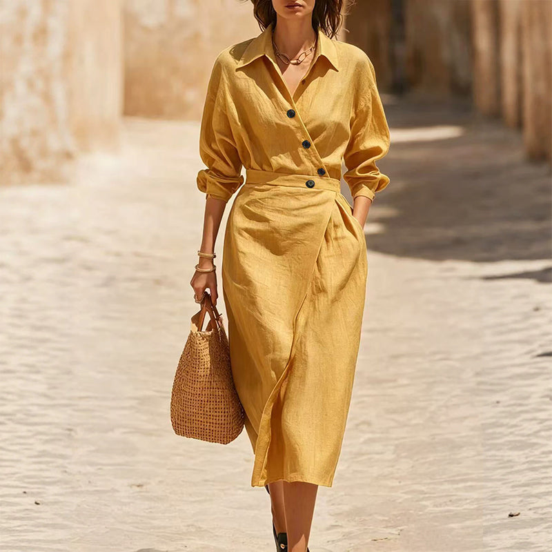 ✨👗Vestido-camisa midi feminino com lapela cruzada e bolsos