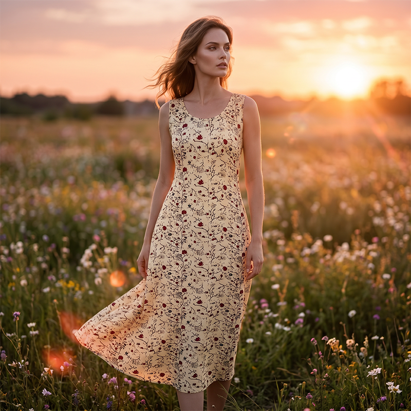 ✨💞Vestido maxi sem mangas com padrão floral e bolsos para mulher