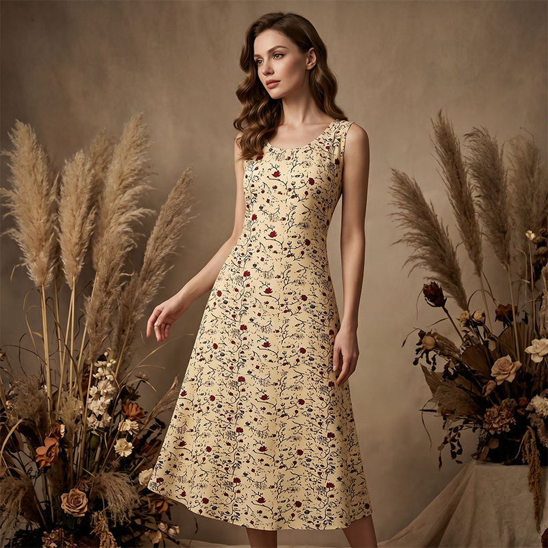 ✨💞Vestido maxi sem mangas com padrão floral e bolsos para mulher