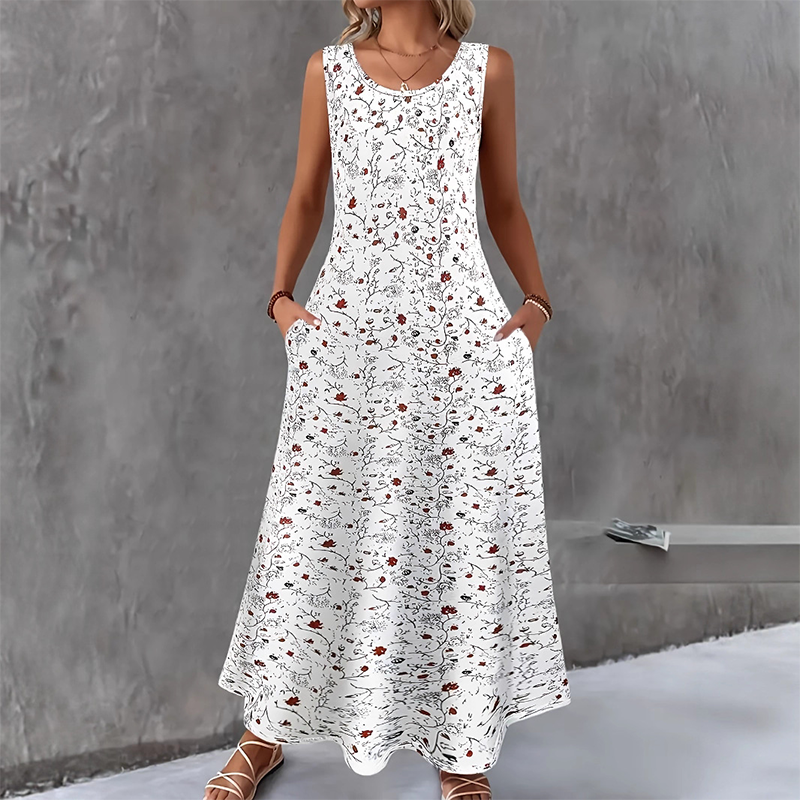 ✨💞Vestido maxi sem mangas com padrão floral e bolsos para mulher