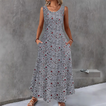 ✨💞Vestido maxi sem mangas com padrão floral e bolsos para mulher