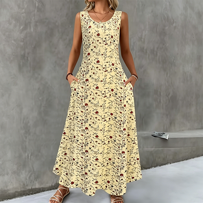 ✨💞Vestido maxi sem mangas com padrão floral e bolsos para mulher