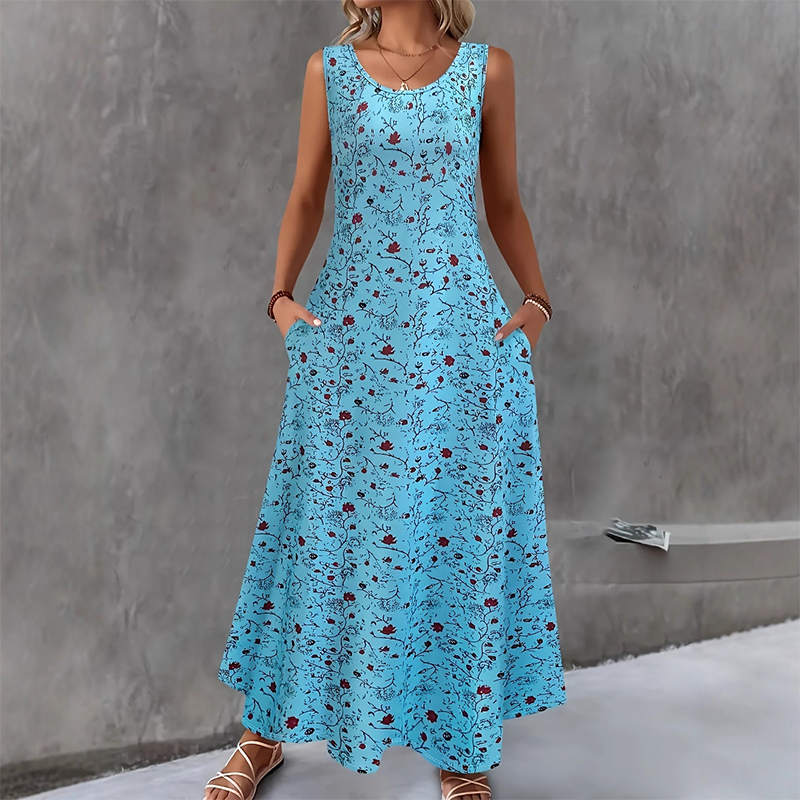 ✨💞Vestido maxi sem mangas com padrão floral e bolsos para mulher