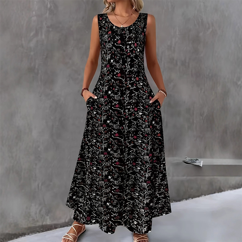 ✨💞Vestido maxi sem mangas com padrão floral e bolsos para mulher