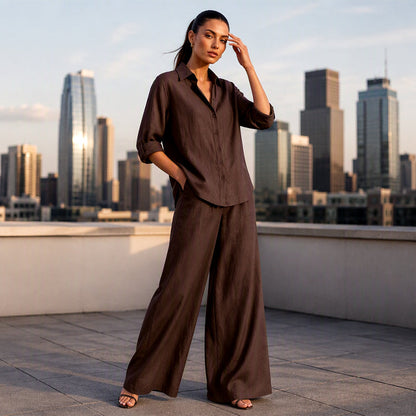✨👗Conjunto de camisa casual e calças largas para mulher
