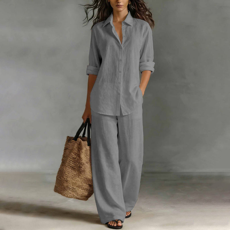 ✨👗Conjunto de camisa casual e calças largas para mulher