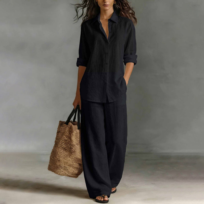 ✨👗Conjunto de camisa casual e calças largas para mulher