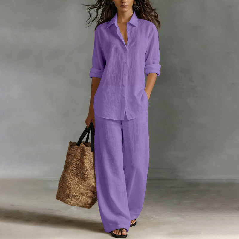 ✨👗Conjunto de camisa casual e calças largas para mulher
