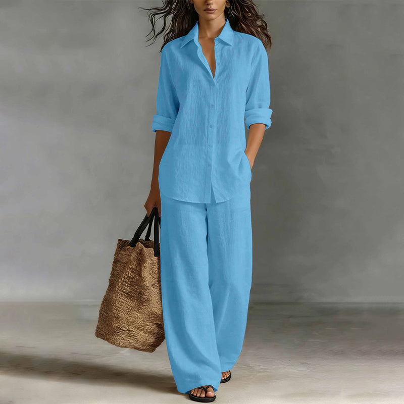 ✨👗Conjunto de camisa casual e calças largas para mulher