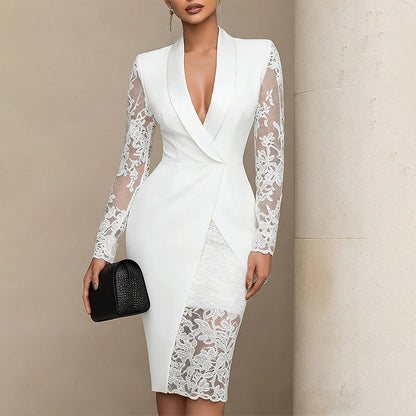 ✨👗Vestido justo e elegante para mulher, com decote em V e mangas de renda