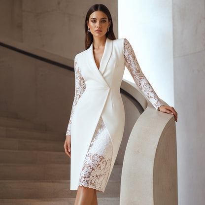✨👗Vestido justo e elegante para mulher, com decote em V e mangas de renda