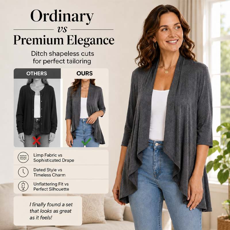 ✨👚Casaco de malha feminino com mangas 3/4 e abertura à frente