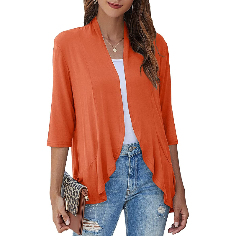 ✨👚Casaco de malha feminino com mangas 3/4 e abertura à frente