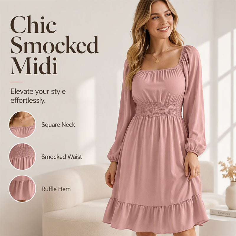 ✨👗Vestido feminino com decote quadrado, franzido e corte em A