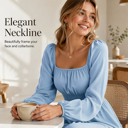 ✨👗Vestido feminino com decote quadrado, franzido e corte em A