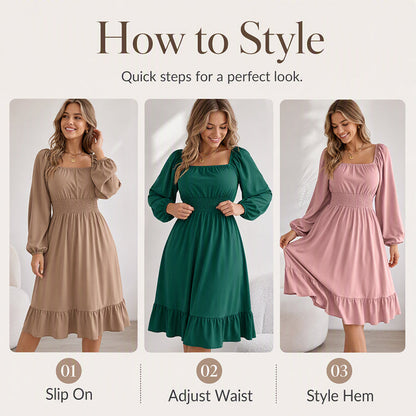 ✨👗Vestido feminino com decote quadrado, franzido e corte em A