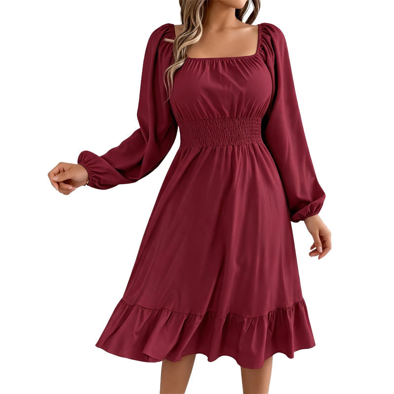 ✨👗Vestido feminino com decote quadrado, franzido e corte em A