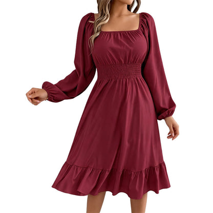 ✨👗Vestido feminino com decote quadrado, franzido e corte em A