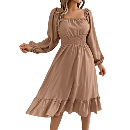 ✨👗Vestido feminino com decote quadrado, franzido e corte em A