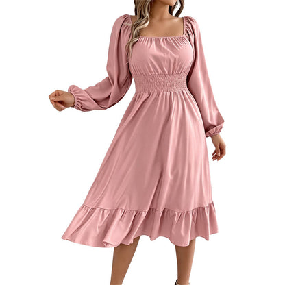 ✨👗Vestido feminino com decote quadrado, franzido e corte em A