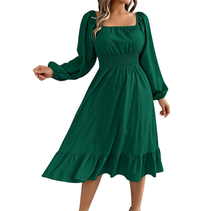 ✨👗Vestido feminino com decote quadrado, franzido e corte em A