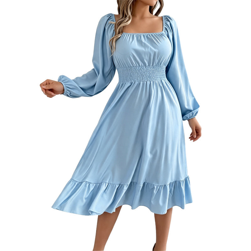 ✨👗Vestido feminino com decote quadrado, franzido e corte em A