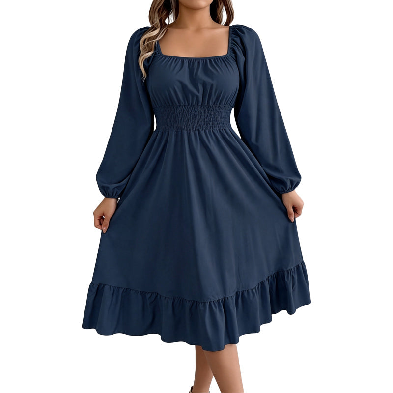 ✨👗Vestido feminino com decote quadrado, franzido e corte em A