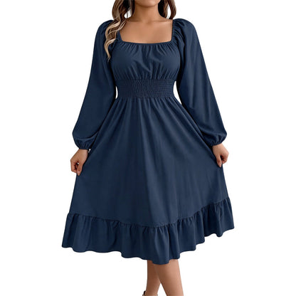 ✨👗Vestido feminino com decote quadrado, franzido e corte em A