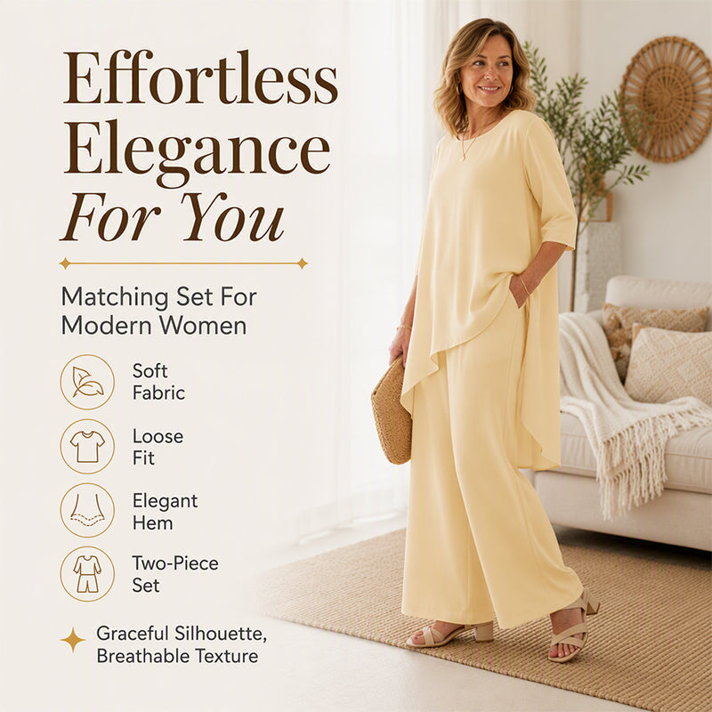✨👗Conjunto feminino elegante composto por um top assimétrico e calças de perna larga